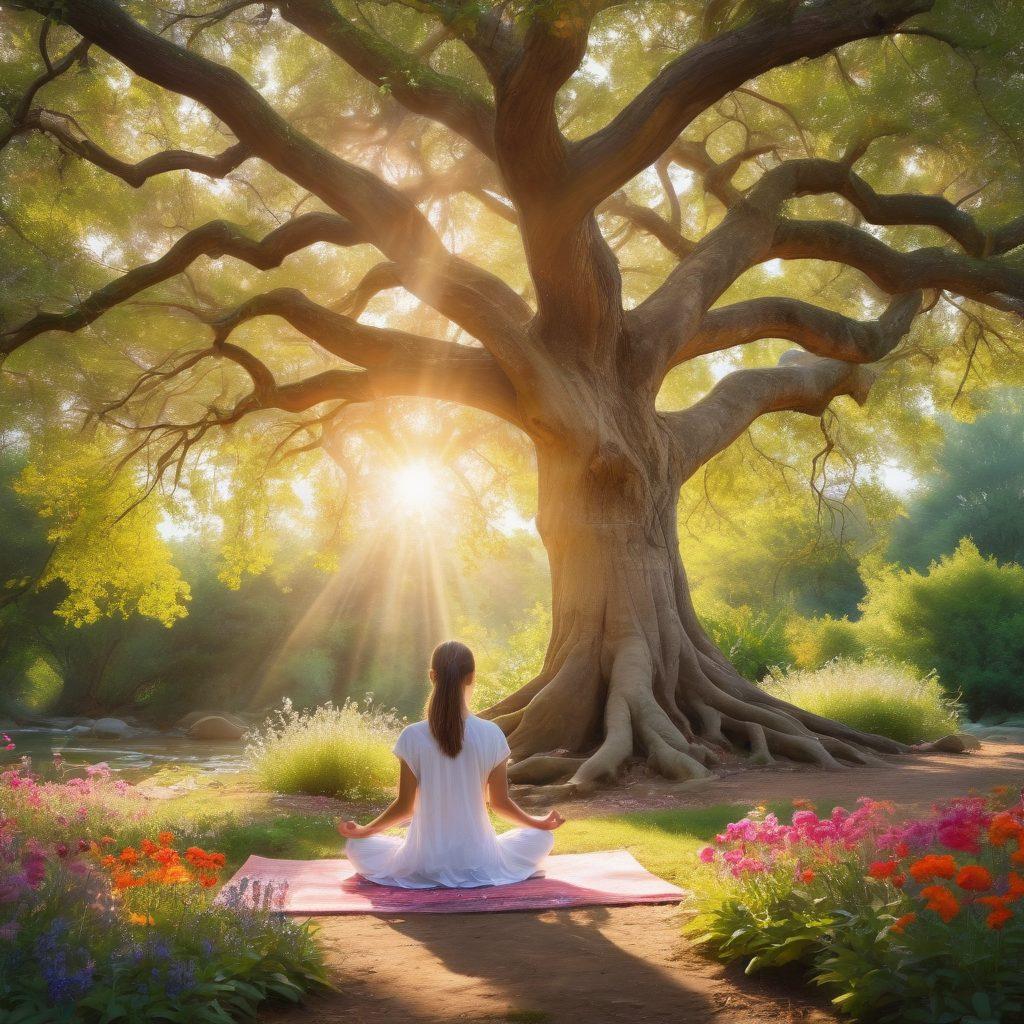 A serene scene depicting a person meditating under a large, ancient tree surrounded by vibrant flowers and soft sunlight filtering through the leaves. Include elements of nature, like a gentle stream flowing nearby, and symbols of holistic health like yoga mats and herbal teas arranged thoughtfully. Emphasize tranquility and connection with nature. impressionist style. soft colors. peaceful atmosphere.