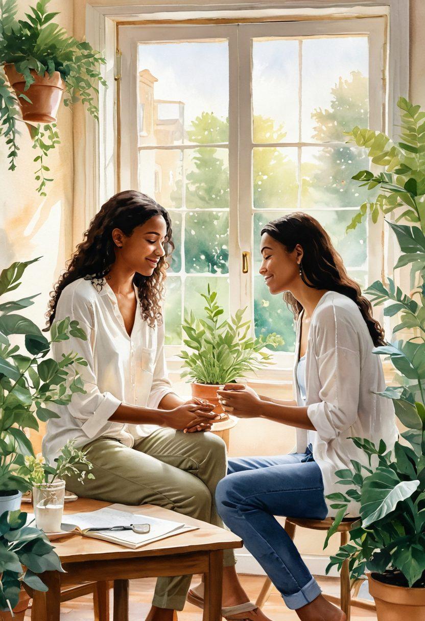 A serene and warm scene depicting two diverse individuals, sharing a heartfelt conversation in a cozy, softly lit room adorned with plants and personal mementos. Their expressions reflect empathy and connection, illustrating emotional intelligence in action. The background features calming colors and symbolic elements like a heart-shaped artwork and gentle light streaming through a window. watercolor painting. warm hues. intimate atmosphere.
