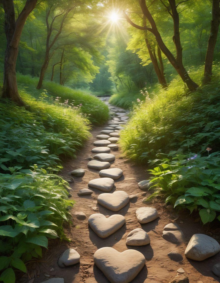 A serene landscape depicting a winding path through a lush forest, with soft sunlight filtering through the trees. Along the path, heart-shaped stones symbolize compassion, while hints of romantic elements like blooming flowers and intertwined vines add warmth. In the distance, a gentle river flows, indicating personal transformation as it meanders gracefully. Perfect blend of tranquility and emotion. super-realistic. vibrant colors. natural lighting.